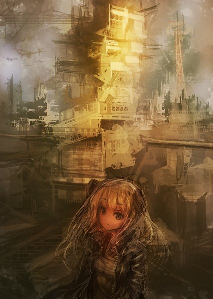 Anime-Bild 1000x1401 mit original lm7 (op-center) single long hair tall image silver hair black eyes open clothes open jacket girl building (buildings) aircraft airplane