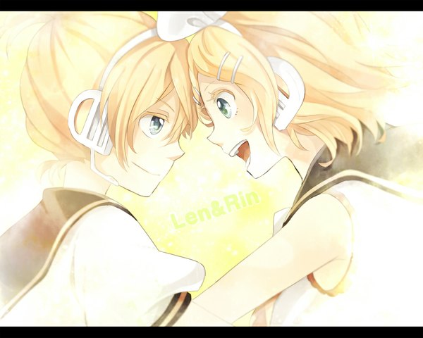 Anime picture 1000x800 with vocaloid kagamine rin kagamine len tama (songe) short hair open mouth blue eyes simple background blonde hair smile bare shoulders profile couple letterboxed face to face yellow background girl boy hair ornament hairclip