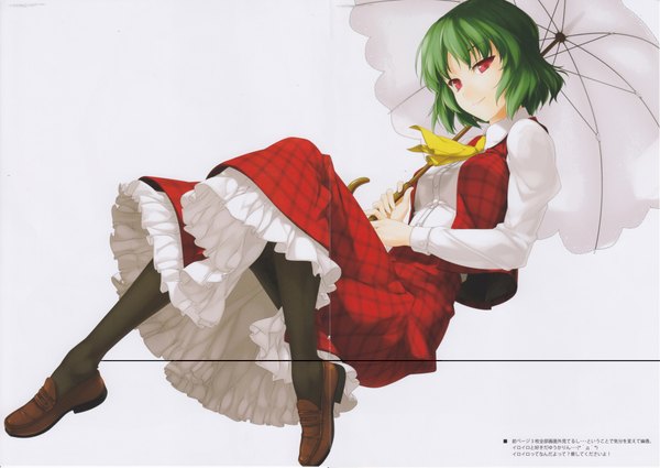 Anime picture 4276x3035 with touhou kazami yuuka rokuwata tomoe single looking at viewer highres short hair red eyes holding absurdres green hair light smile inscription girl skirt shirt pantyhose necktie shoes boots