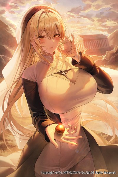 Anime picture 2000x3000 with original meoyo single long hair tall image looking at viewer blush fringe highres breasts light erotic blonde hair hair between eyes standing holding yellow eyes sky cloud (clouds) outdoors long sleeves