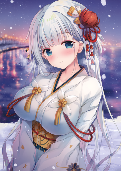 Anime picture 2874x4073 with azur lane shoukaku (azur lane) sousouman single long hair tall image looking at viewer blush fringe highres breasts blue eyes smile large breasts standing sky silver hair upper body outdoors blunt bangs