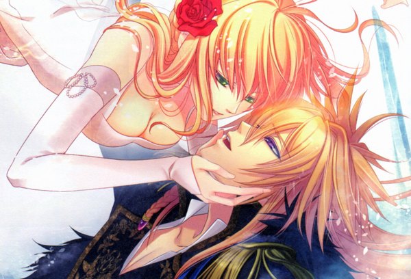 Anime picture 2839x1935 with beast master and prince (game) idea factory tiana (beast master and prince) matheus long hair highres open mouth blonde hair purple eyes green eyes cleavage braid (braids) hair flower orange hair couple open collar almost kiss girl boy hair ornament