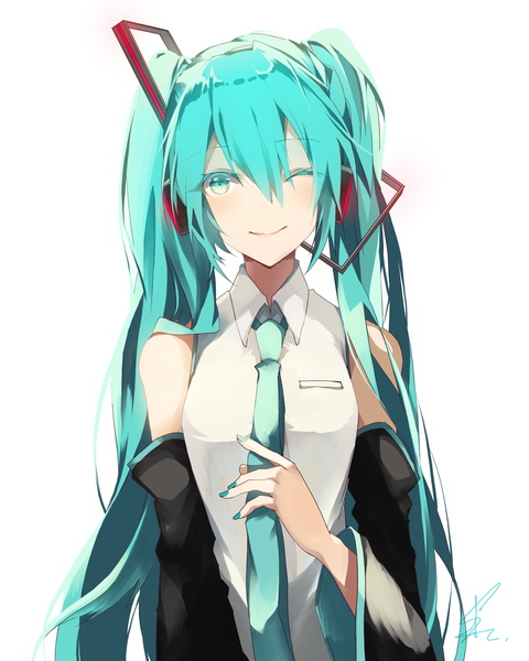 Anime picture 1280x1600 with vocaloid hatsune miku saihate (d3) single tall image blush fringe simple background smile hair between eyes white background twintails bare shoulders holding signed payot looking away upper body long sleeves very long hair