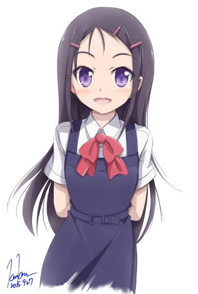 Anime picture 1000x1481 with charlotte p.a. works otosaka ayumi kem kem single long hair tall image looking at viewer blush open mouth black hair simple background white background purple eyes signed :d dated hands behind back girl uniform