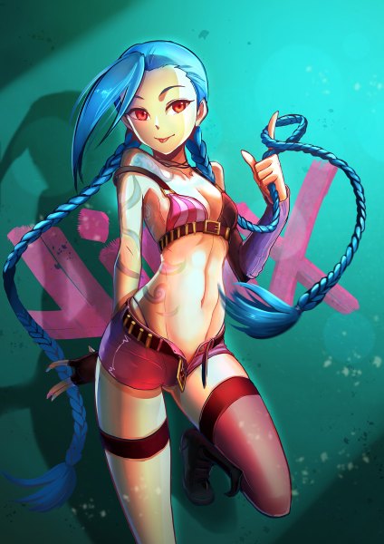 Anime picture 848x1200 with league of legends jinx (league of legends) chen qi (chanseven) single tall image light erotic red eyes blue hair very long hair bare belly tattoo open shorts girl thighhighs navel shorts tongue single thighhigh