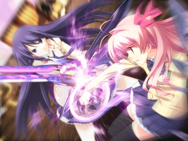 Anime picture 2560x1920 with chaos;head sakihata rimi aoi sena long hair highres black hair pink hair thighhighs skirt sword serafuku