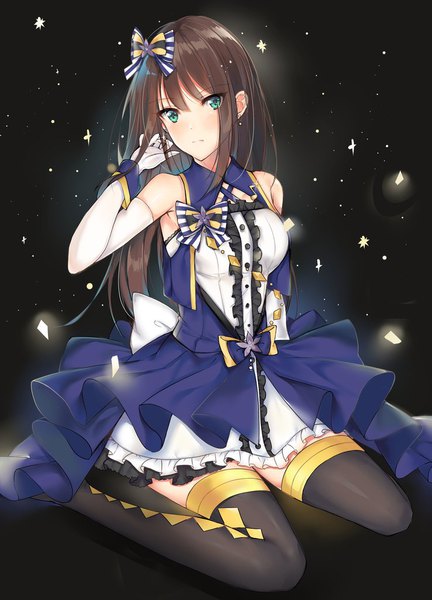 Anime picture 738x1024 with idolmaster idolmaster cinderella girls shibuya rin dongye single long hair tall image looking at viewer blush fringe breasts simple background hair between eyes brown hair standing sitting bare shoulders holding green eyes bent knee (knees)