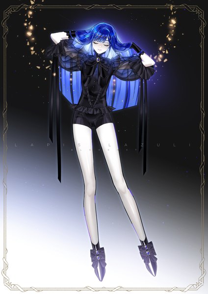 Anime picture 707x1000 with houseki no kuni lapis lazuli (houseki no kuni) bloodcat (babacatcat) single long hair tall image fringe signed blue hair full body eyes closed alternate costume legs character names gradient background adjusting hair androgynous long legs gloves black gloves