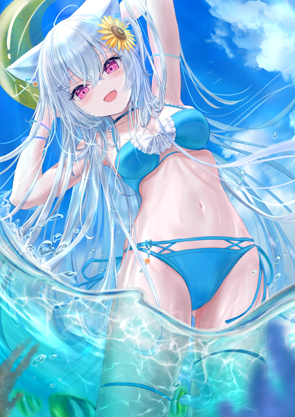 Anime picture 2508x3541 with original hou no ka single long hair tall image looking at viewer fringe highres breasts open mouth light erotic smile hair between eyes standing animal ears sky silver hair cloud (clouds) outdoors tail