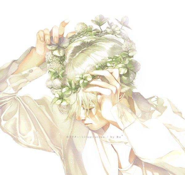 Anime picture 988x933 with original re (artist) single fringe short hair simple background blonde hair hair between eyes white background signed upper body eyes closed fingernails arms up boy shirt white shirt wreath head wreath clover (plant)