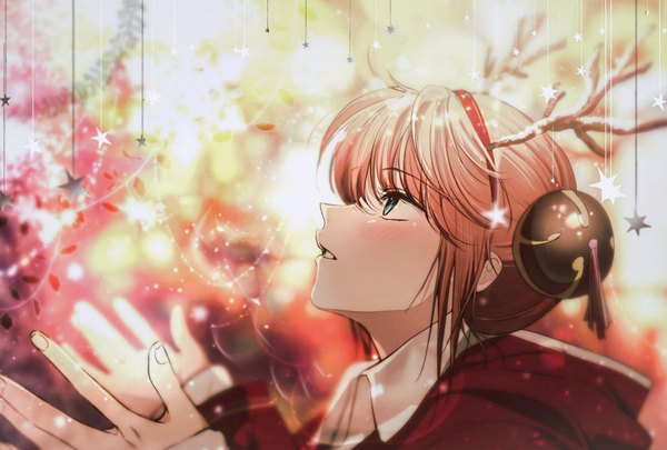 Anime picture 1748x1180 with gintama sunrise (studio) kagura (gintama) moty_0 single blush fringe highres short hair open mouth blue eyes hair between eyes outdoors profile horn (horns) blurry orange hair sparkle hair bun (hair buns) christmas