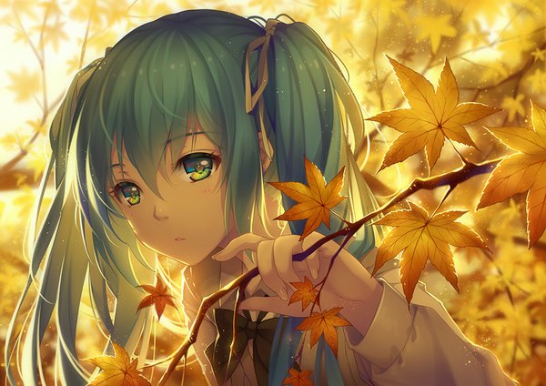 Anime picture 1000x707 with vocaloid hatsune miku tidsean single long hair looking at viewer twintails sunlight aqua hair multicolored eyes autumn girl ribbon (ribbons) plant (plants) hair ribbon tree (trees) leaf (leaves) branch autumn leaves maple leaf