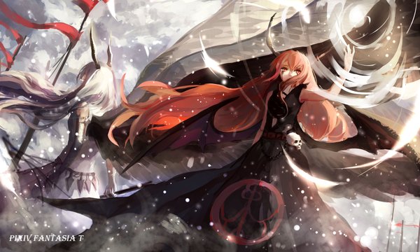 Anime picture 4000x2400 with original pixiv fantasia pixiv fantasia t sishenfan long hair fringe highres red eyes wide image multiple girls absurdres silver hair wind from behind orange hair outstretched arm magic facial mark snowing winter