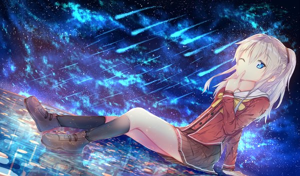 Anime picture 900x528 with charlotte p.a. works tomori nao feitaru single long hair looking at viewer fringe blue eyes wide image sitting twintails silver hair pleated skirt one eye closed wink night zettai ryouiki night sky finger to mouth