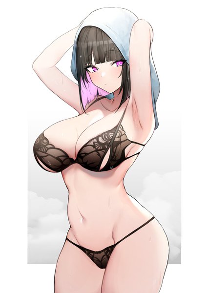 Anime picture 1447x2047 with original yuuki mama luse maonang single tall image looking at viewer blush fringe short hair breasts light erotic black hair simple background large breasts standing blunt bangs pink eyes multicolored hair arms up two-tone hair