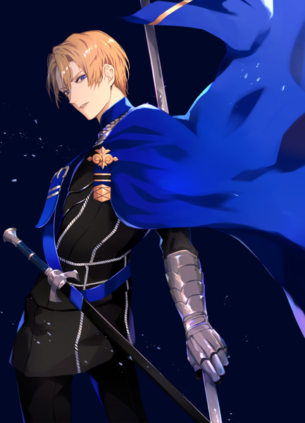 Anime picture 790x1095 with fire emblem fire emblem: three houses nintendo dimitri alexandre blaiddyd sb (artist) single tall image looking at viewer fringe short hair blue eyes simple background blonde hair hair between eyes standing holding parted lips blue background boy weapon