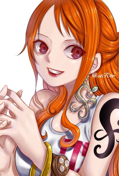 Anime-Bild 815x1200 mit one piece toei animation nami (one piece) stt0tr single long hair tall image simple background smile red eyes white background bare shoulders signed payot looking away upper body lips orange hair sparkle tattoo