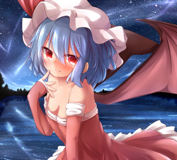 Anime picture 3150x2850 with touhou remilia scarlet kisa (k isa) single blush highres short hair light erotic red eyes bare shoulders blue hair absurdres night shooting star lake girl dress detached sleeves wings bonnet
