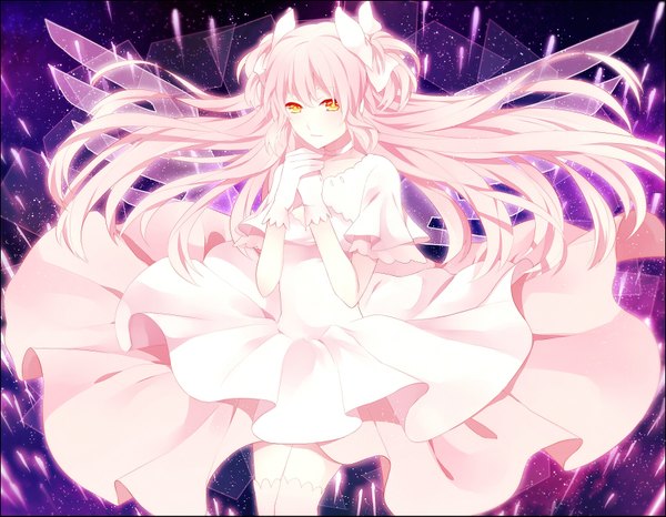 Anime picture 1700x1321 with mahou shoujo madoka magica shaft (studio) kaname madoka goddess madoka achiki single long hair yellow eyes pink hair two side up girl thighhighs dress gloves bow hair bow white thighhighs wings