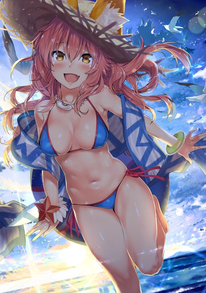 Anime picture 1020x1450 with fate (series) fate/grand order tamamo (fate) (all) tamamo no mae (swimsuit lancer) (fate) kawai (purplrpouni) single long hair tall image looking at viewer blush fringe breasts open mouth light erotic smile hair between eyes large breasts standing animal ears yellow eyes