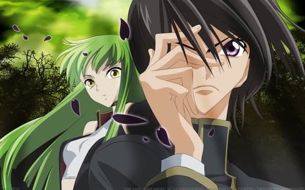Anime picture 2560x1600 with code geass sunrise (studio) c.c. lelouch lamperouge long hair looking at viewer fringe highres short hair wide image purple eyes yellow eyes green hair green background girl boy uniform plant (plants) school uniform tree (trees)