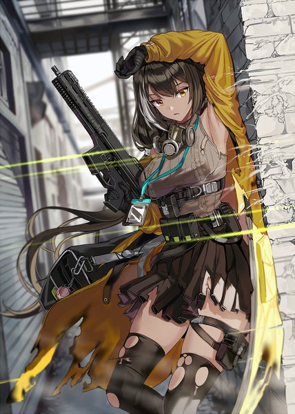 Anime picture 900x1261 with girls frontline ro635 (girls frontline) silence girl single long hair tall image looking at viewer fringe breasts black hair hair between eyes holding brown eyes yellow eyes payot bent knee (knees) outdoors parted lips head tilt pleated skirt