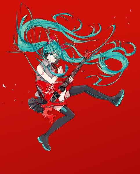 Anime picture 1777x2207 with vocaloid hatsune miku ixima single tall image highres simple background smile twintails full body very long hair one eye closed aqua eyes wink aqua hair red background jumping girl boots thigh boots
