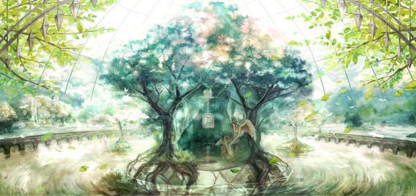 Anime picture 2500x1181 with long hair highres blonde hair wide image sunlight angel wings angel girl plant (plants) animal wings tree (trees) water leaf (leaves) cross dog arch island pond grave