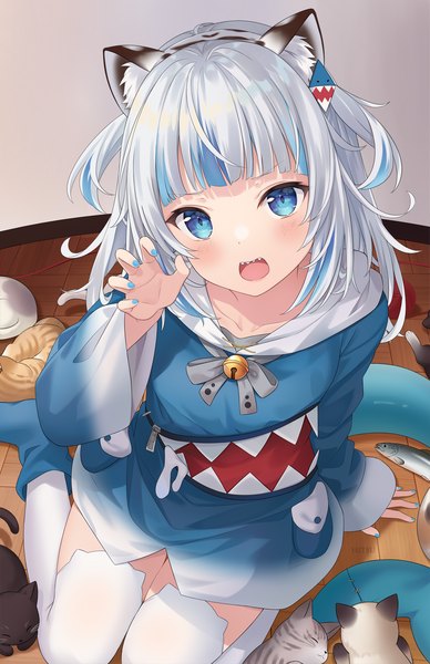 Anime picture 1035x1600 with virtual youtuber hololive hololive english gawr gura gawr gura (1st costume) hitsukuya single long hair tall image looking at viewer blush fringe open mouth blue eyes smile sitting signed animal ears silver hair indoors
