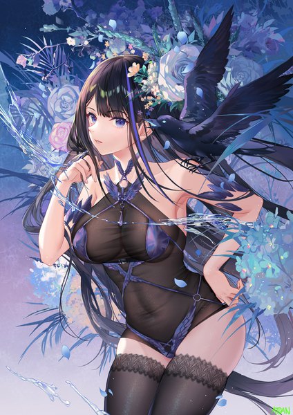 Anime picture 1697x2400 with original atdan single long hair tall image looking at viewer fringe blue eyes light erotic black hair standing bare shoulders signed blunt bangs parted lips multicolored hair arm up leaning leaning forward streaked hair