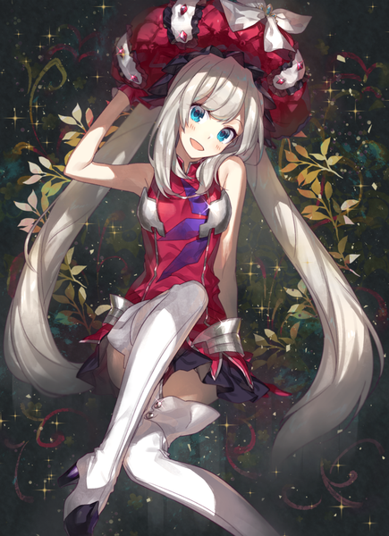 Anime picture 726x1000 with fate (series) fate/grand order marie antoinette (fate/grand order) chocoan single tall image looking at viewer blush fringe breasts open mouth smile sitting twintails payot silver hair bent knee (knees) very long hair head tilt :d