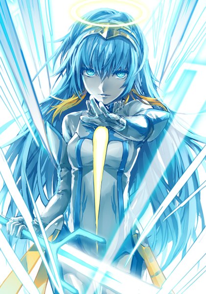 Anime picture 1000x1426 with beatmania beatmania iidx cuvelia (beatmania iidx) shionty single long hair tall image looking at viewer blue eyes blue hair glowing fighting stance girl gloves weapon sword elbow gloves halo