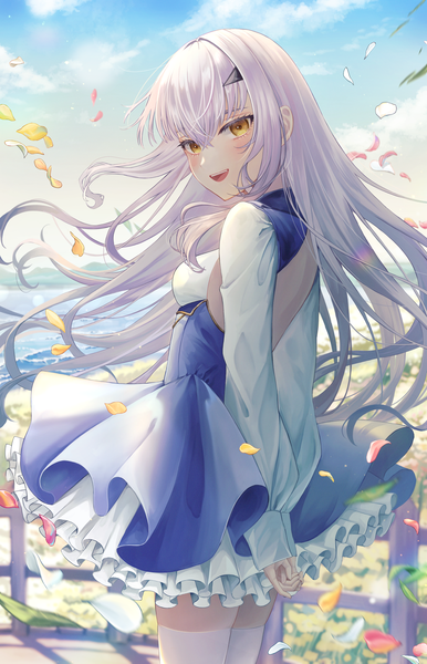 Anime picture 1654x2574 with fate (series) fate/grand order melusine (fate) tobi (pixiv41237754) single long hair tall image looking at viewer blush fringe breasts open mouth smile hair between eyes standing yellow eyes payot sky silver hair cloud (clouds)