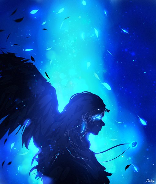Anime picture 942x1108 with original ryky single long hair tall image signed upper body profile glowing blue background glowing eye (eyes) silhouette girl wings pendant feather (feathers)