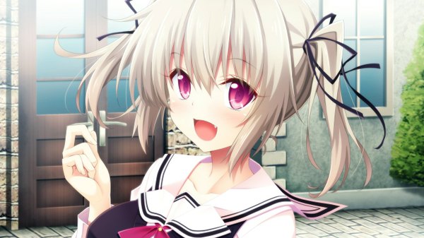 Anime picture 1280x720 with 11gatsu no arcadia nonomiya fuuka hayakawa harui single blush fringe short hair open mouth wide image twintails looking away game cg outdoors pink eyes grey hair teeth fang (fangs) short twintails girl uniform