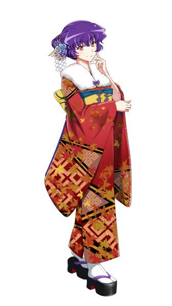 Anime picture 2988x5312 with touhou yasaka kanako kin-kun single tall image looking at viewer fringe highres short hair simple background smile red eyes standing white background purple hair full body traditional clothes japanese clothes wide sleeves floral print