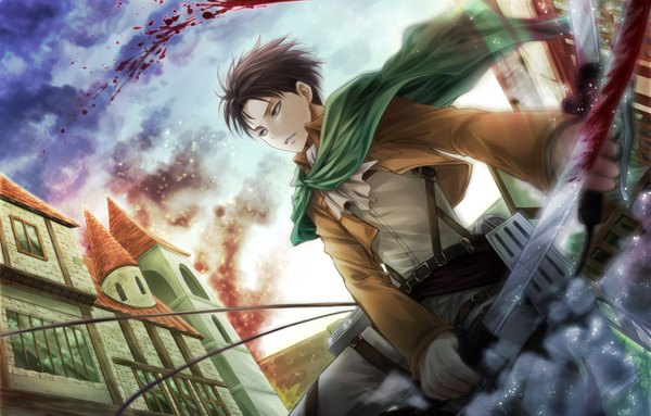 Anime picture 1350x862 with shingeki no kyojin production i.g levi (rivaille) angel31424 short hair brown hair holding looking away sky grey eyes smoke dual wielding boy weapon sword jacket belt thigh strap blood cape