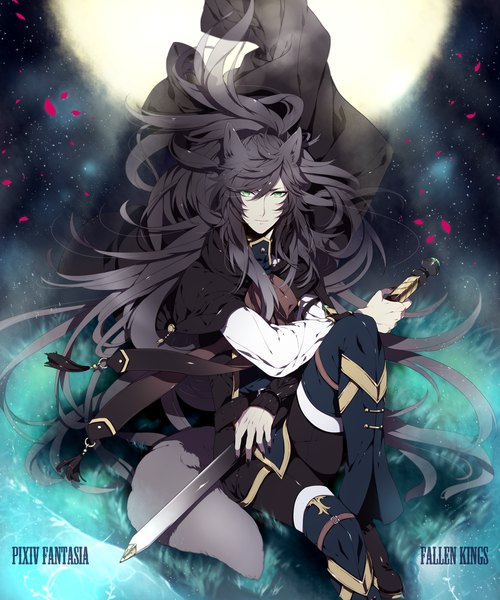 Anime picture 1000x1200 with original pixiv fantasia pixiv fantasia fallen kings kai28 single tall image looking at viewer sitting green eyes animal ears bent knee (knees) tail very long hair animal tail fingernails light smile wind grey hair night magic