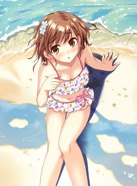 Anime picture 1326x1800 with to aru kagaku no railgun to aru majutsu no index j.c. staff misaka mikoto kamiko to seiryoku single tall image blush highres short hair brown hair sitting brown eyes beach girl swimsuit water sea