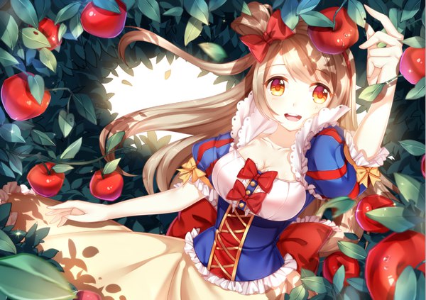 Anime picture 1168x824 with love live! school idol project snow white and the seven dwarfs sunrise (studio) love live! minami kotori kan (rainconan) single long hair looking at viewer blush fringe breasts open mouth smile brown hair standing payot cleavage outdoors :d
