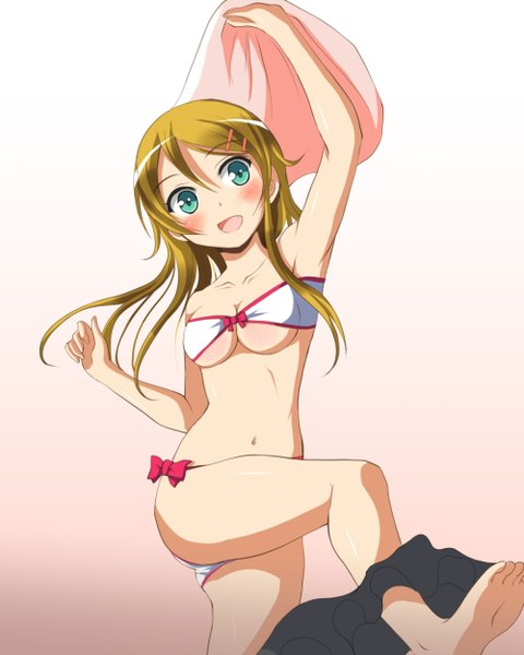 Anime picture 1000x1250 with ore no imouto ga konna ni kawaii wake ga nai kousaka kirino tagme (artist) single long hair tall image blush fringe breasts open mouth blue eyes light erotic blonde hair barefoot happy undressing girl navel hair ornament underwear