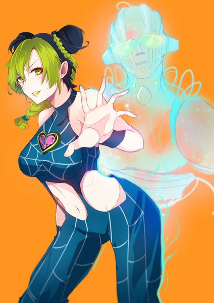 Anime picture 2480x3508 with jojo no kimyou na bouken kujo jolyne stone free homuntan single long hair tall image looking at viewer highres simple background green eyes braid (braids) multicolored hair green hair two-tone hair bare belly hair bun (hair buns) lipstick center opening orange background