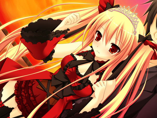 Anime picture 1600x1200 with bloody rondo (game) luna freed queen makita maki long hair blonde hair red eyes twintails game cg loli gothic girl thighhighs dress ribbon (ribbons) bow black thighhighs detached sleeves tiara