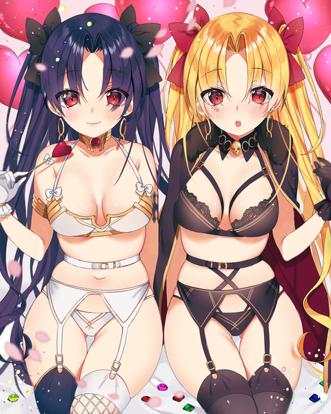 Anime picture 3200x4000 with fate (series) fate/grand order ishtar (fate) ereshkigal (fate) myao (o3o333) long hair tall image blush highres breasts light erotic blonde hair smile red eyes sitting multiple girls absurdres purple hair two side up underwear only