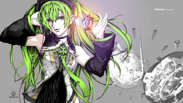 Anime picture 1920x1080 with vocaloid hatsune miku nagimiso single long hair highres wide image green eyes green hair girl detached sleeves necktie wire (wires)