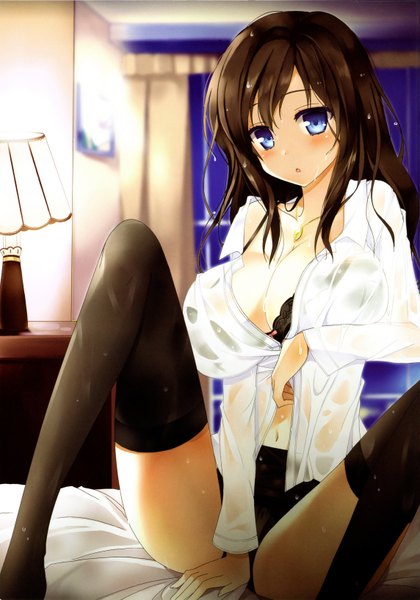 Anime picture 4572x6536 with dengeki moeou kurot single long hair tall image blush highres breasts blue eyes light erotic brown hair large breasts absurdres scan wet clothes girl thighhighs underwear panties black thighhighs