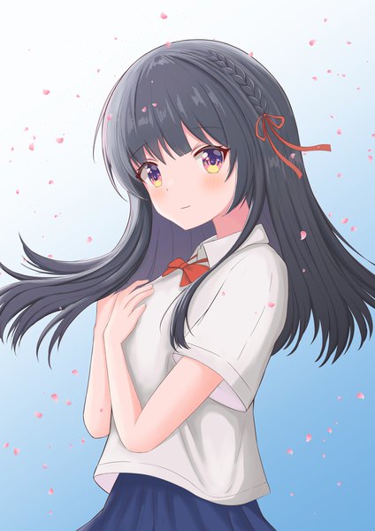 Anime picture 2481x3508 with original shirakawaui single long hair tall image looking at viewer blush fringe highres black hair simple background standing yellow eyes payot upper body blunt bangs braid (braids) light smile wind short sleeves