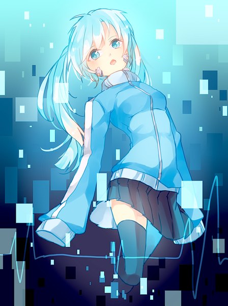 Anime picture 1000x1339 with kagerou project shaft (studio) ene (kagerou project) lemon honey1013 single long hair tall image blush open mouth blue eyes twintails blue hair looking away long sleeves girl thighhighs black thighhighs