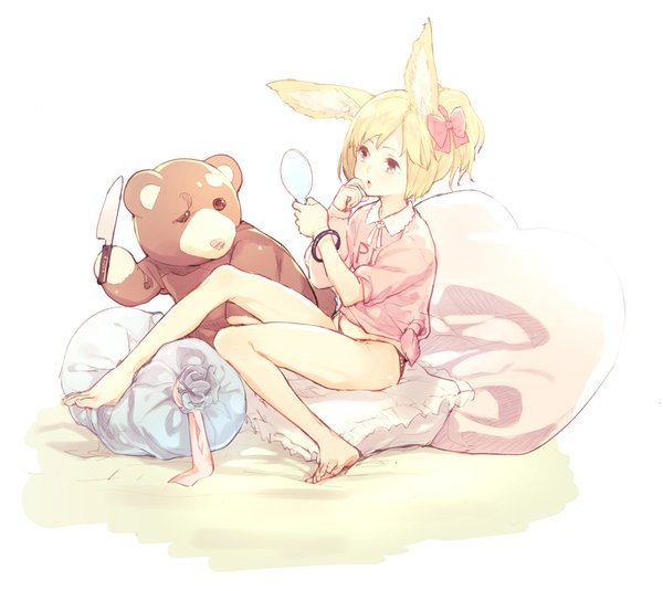 Anime picture 1819x1622 with original subachi highres short hair blonde hair red eyes sitting animal ears ponytail barefoot bare legs girl underwear panties bow hair bow bracelet pillow toy stuffed animal