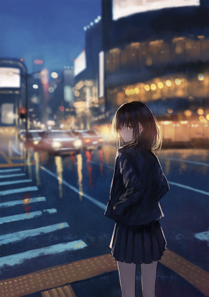 Anime picture 841x1196 with original kagumanikusu single tall image looking at viewer fringe short hair hair between eyes brown hair standing brown eyes payot outdoors pleated skirt looking back from behind blurry night open jacket depth of field